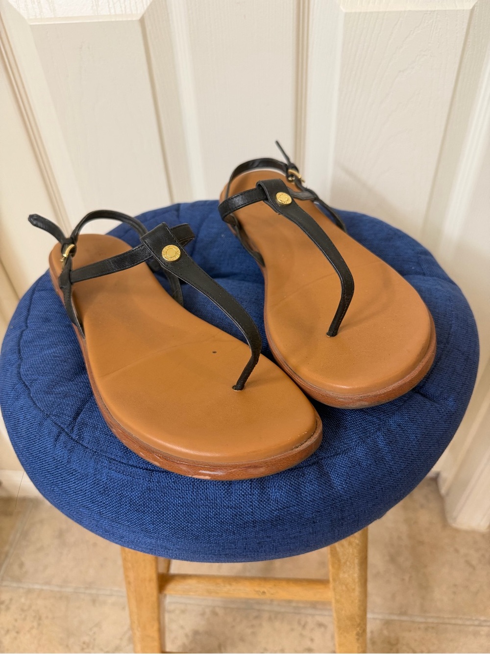 Cole Haan Flora Black T-Strap Sandals with Tan Footbed